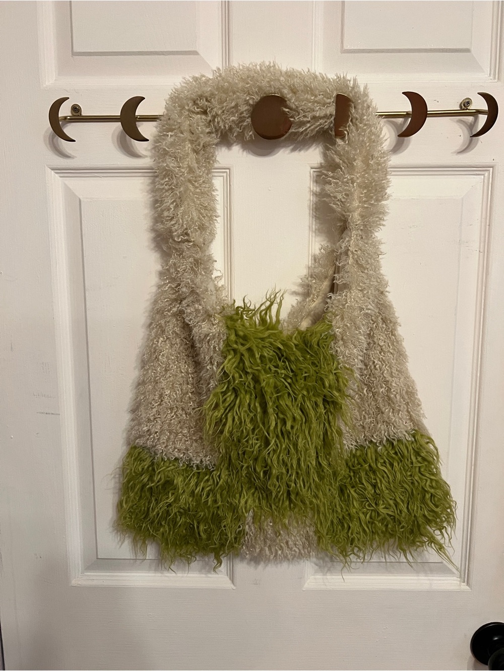 Plush Faux FurTote Bag in Cream and Green